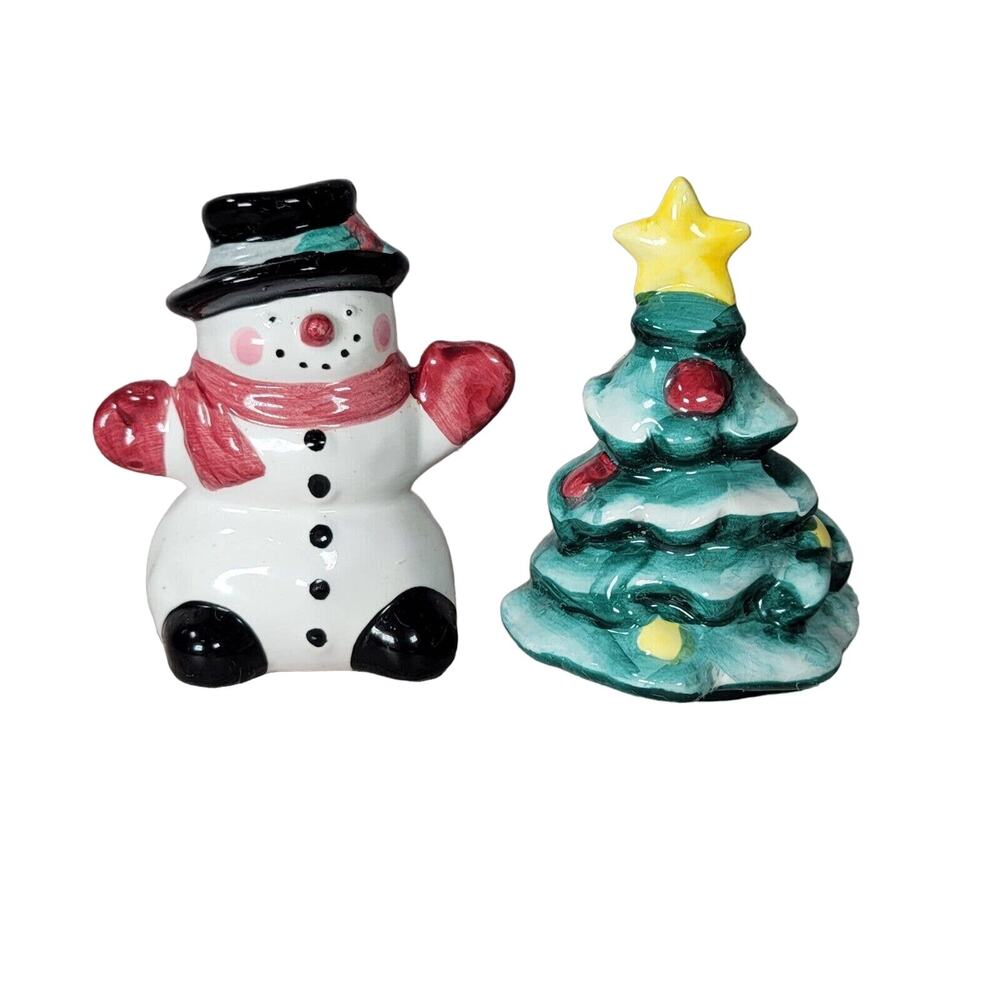 Vintage Christmas Salt Pepper Shakers Snowman Snowy Tree Ceramic Holiday Decor